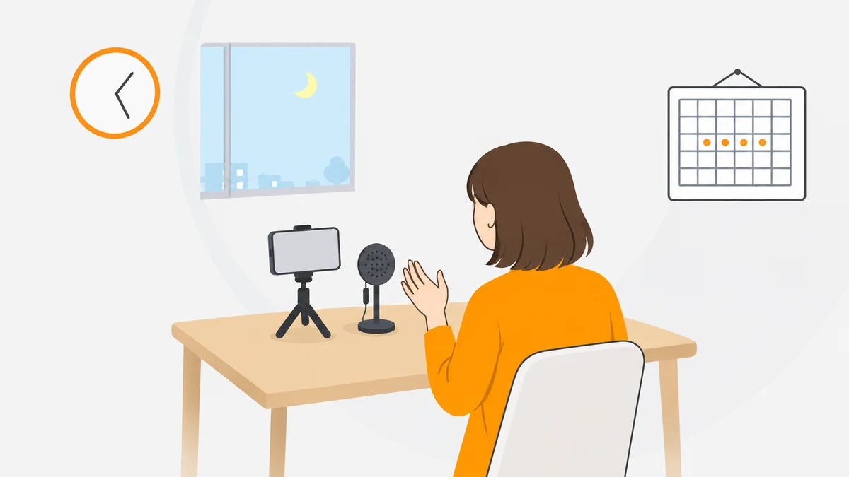 掛け時計と、続けた日に丸の付いた予定表のある部屋で、机の上のスマートフォンとマイクに向かって話す大人の後ろ姿を描いたイラスト。