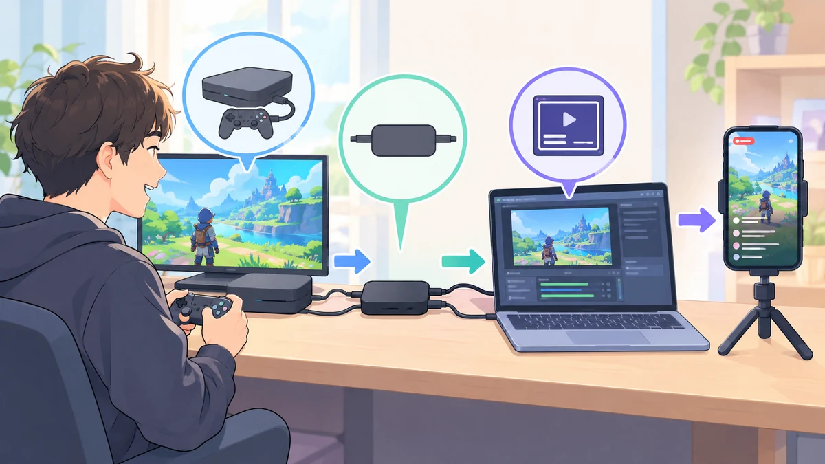 テレビにつないだゲーム機で遊ぶ大人の横で、ゲーム機・小さな黒い箱・ノートパソコンがケーブルでつながり、矢印の先のスマートフォンに配信画面が映るイラスト。