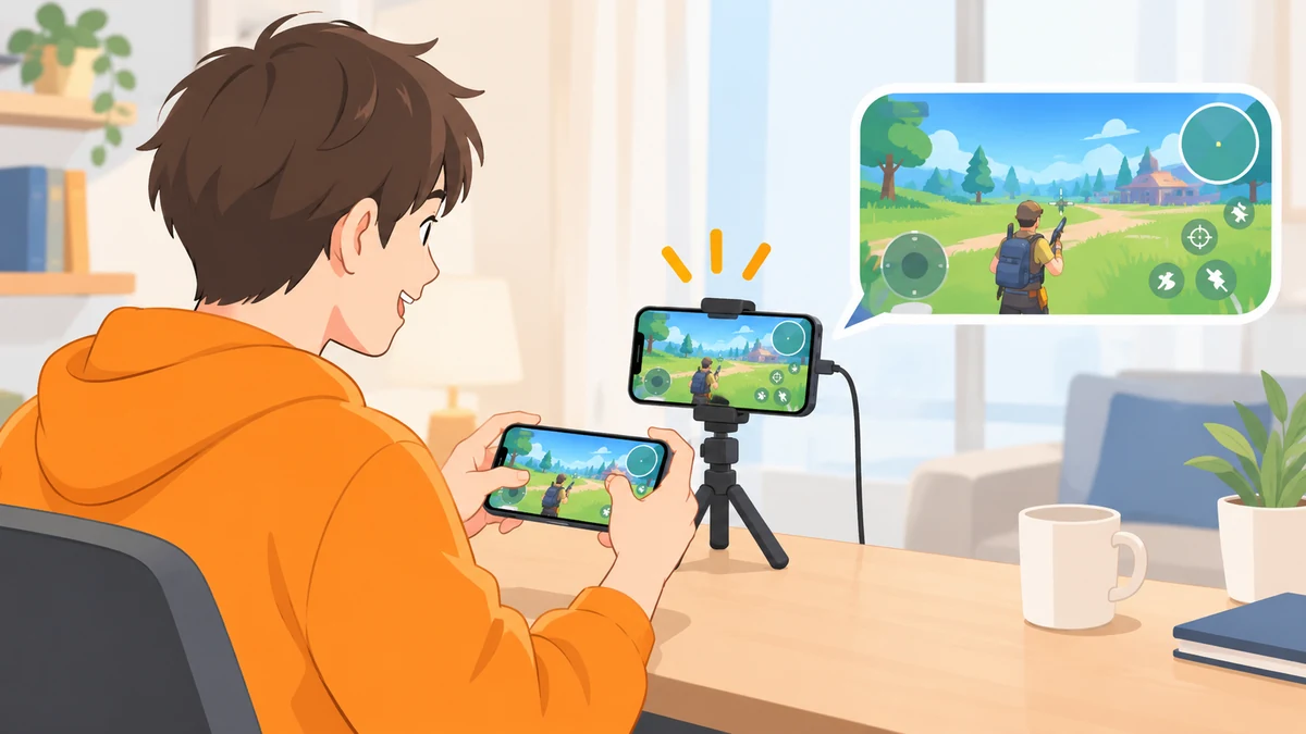 横向きのスマートフォンでゲームを遊ぶ大人の前で、三脚に立てたもう1台のスマートフォンにも同じゲーム画面が映り、吹き出しで大きく示されているイラスト。