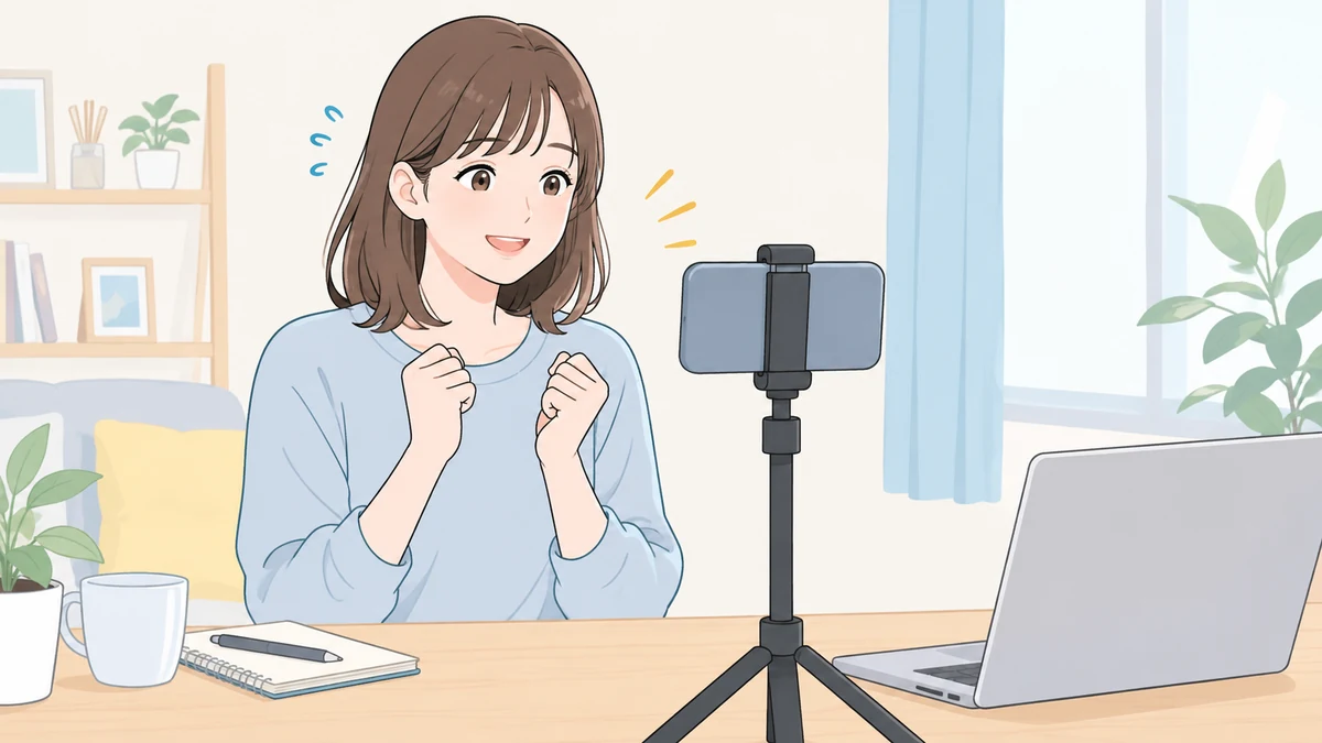スタンドに立てたスマートフォンの前で、初めての配信を始めようとしている大人を描いたイラスト。