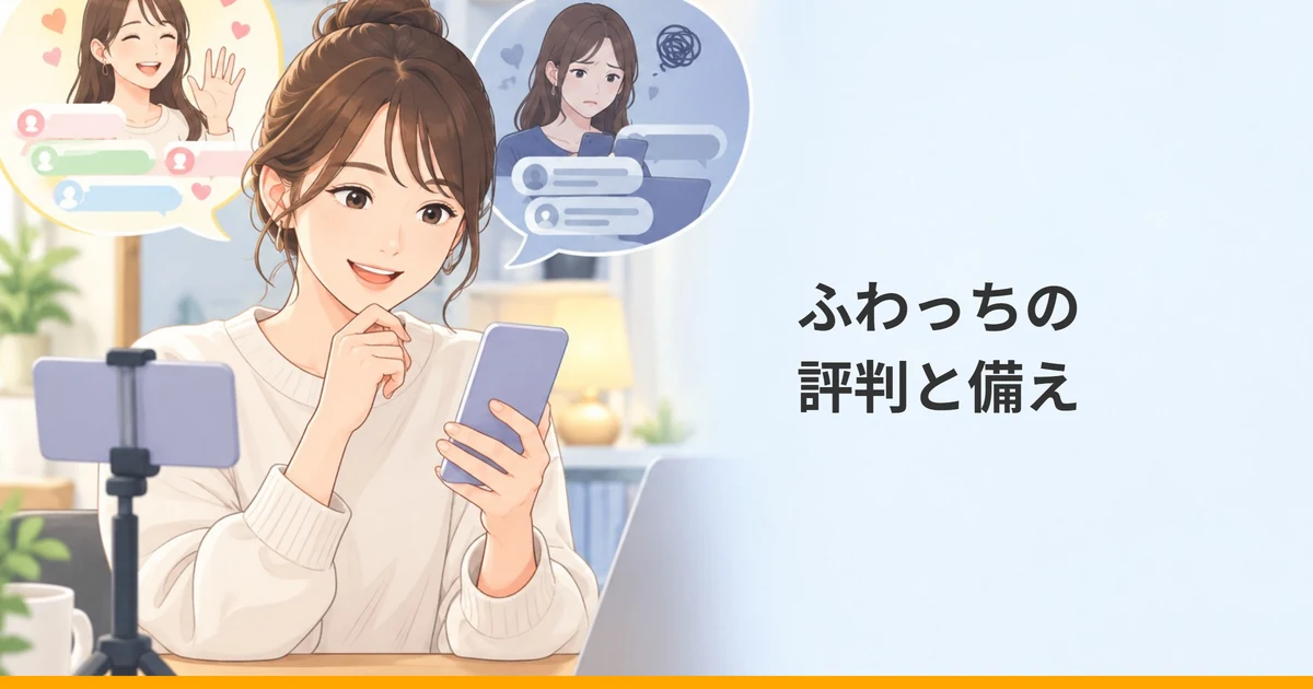 スマホを見ながら考える女性と、楽しい配信の様子・困った様子を描いた2つの吹き出しのイラストに「ふわっちの評判と備え」の文字を重ねた画像。