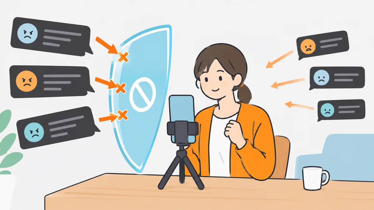 スマホスタンドの前に座る女性の横で、半透明の盾が左からの怒り顔の吹き出しを止め、右からの困り顔の吹き出しは届いているイラスト。