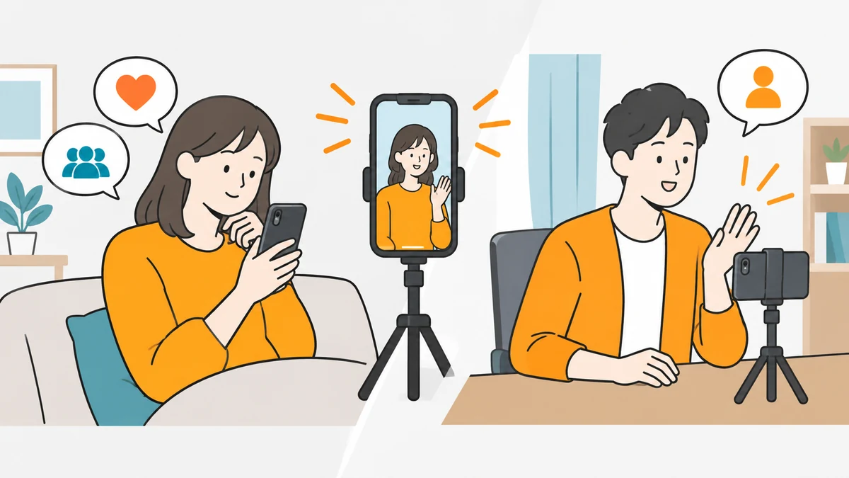 斜めの線で左右に分けたイラスト。左はソファでスマホを見る女性、右は机の上の三脚に立てたスマホに向かって手を振り配信する男性。