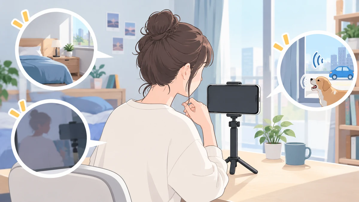 三脚のスマートフォンの前で考える大人の後ろ姿と、背景のベッド、窓に映る自分、外の犬の声や車の音を示す3つの吹き出しのイラスト。