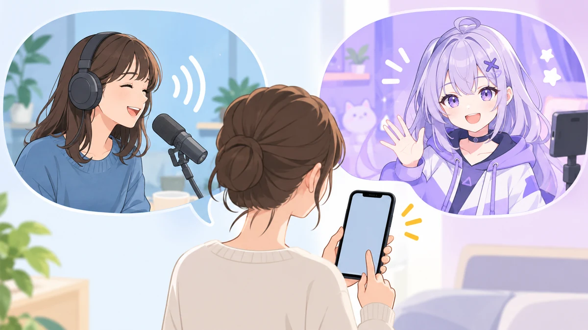 スマートフォンを持つ大人の後ろ姿の左右に、ヘッドホンでマイクに話す女性と、手を振るキャラクターの吹き出しが並ぶイラスト。