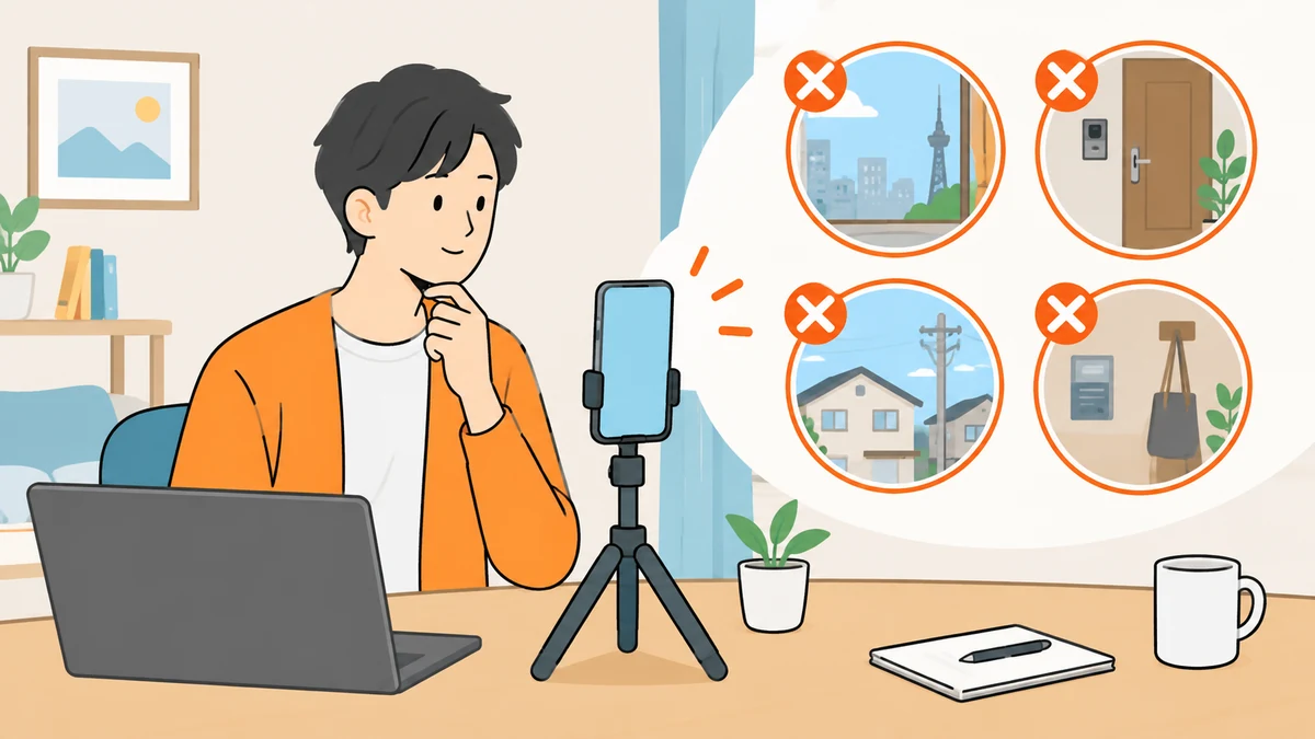 三脚のスマホの前で考える大人と、窓の外の景色・玄関・家の外観・壁の掲示物など、映さないほうがよいものに×が付いた様子のイラスト。