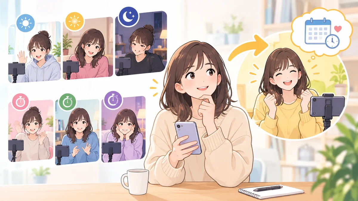 時間帯や服装を変えて配信する6つの場面を見比べてスマホを手に考える女性と、続けやすい形を見つけて喜ぶ姿を描いたイラスト。