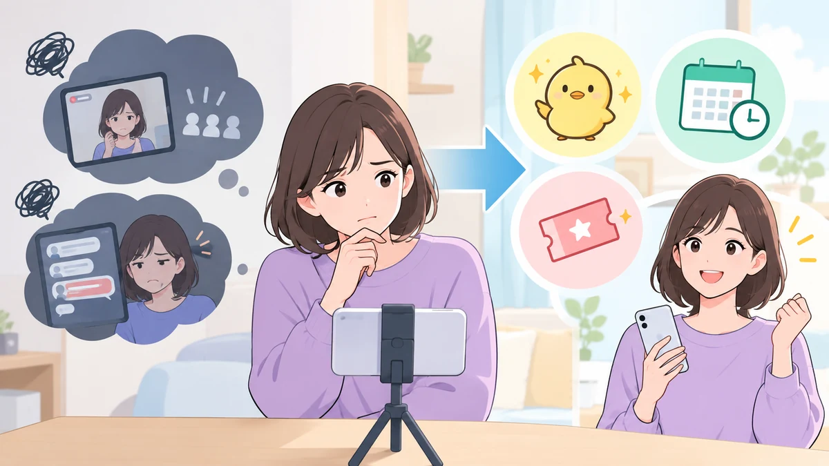 視聴者が来ない・困ったコメントの場面に悩む女性と、ひよこ・チケット・カレンダーの絵、スマホを手に笑顔になった姿を描いたイラスト。