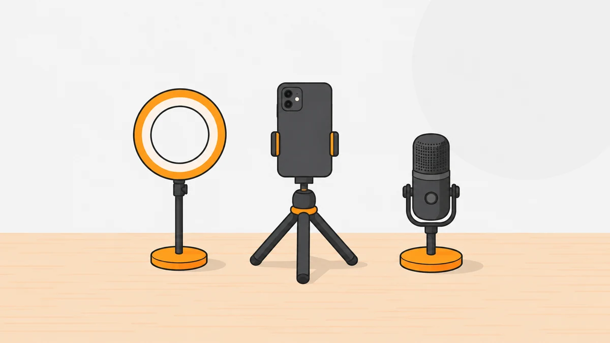 机の上に、三脚に取り付けたスマートフォン、輪の形のライト、スタンド付きのマイクを並べたイラスト。