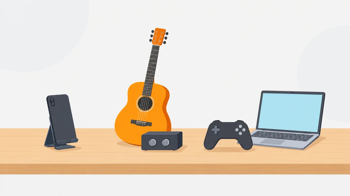 机の上に、スタンドに立てたスマートフォン、ギターと小さな音響の箱、ゲーム用コントローラーとノートパソコンの3つのまとまりを並べたイラスト。
