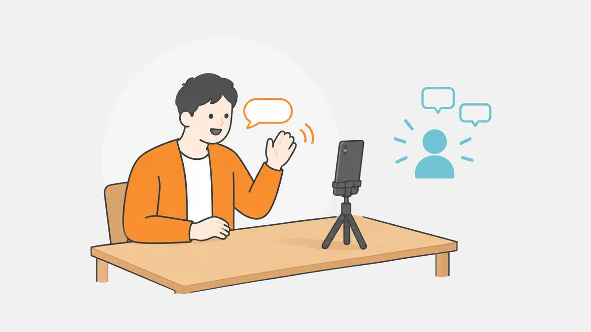 机の上のスタンドに立てたスマホに向かって手を振る大人と、新しく現れた人型のシルエット、吹き出しを描いたイラスト。