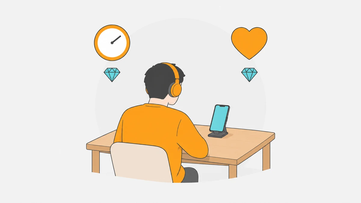 スマホに向かって配信する大人の後ろ姿の上に、時計とハートが左右に並び、それぞれの下に宝石の形が1つずつあるイラスト。