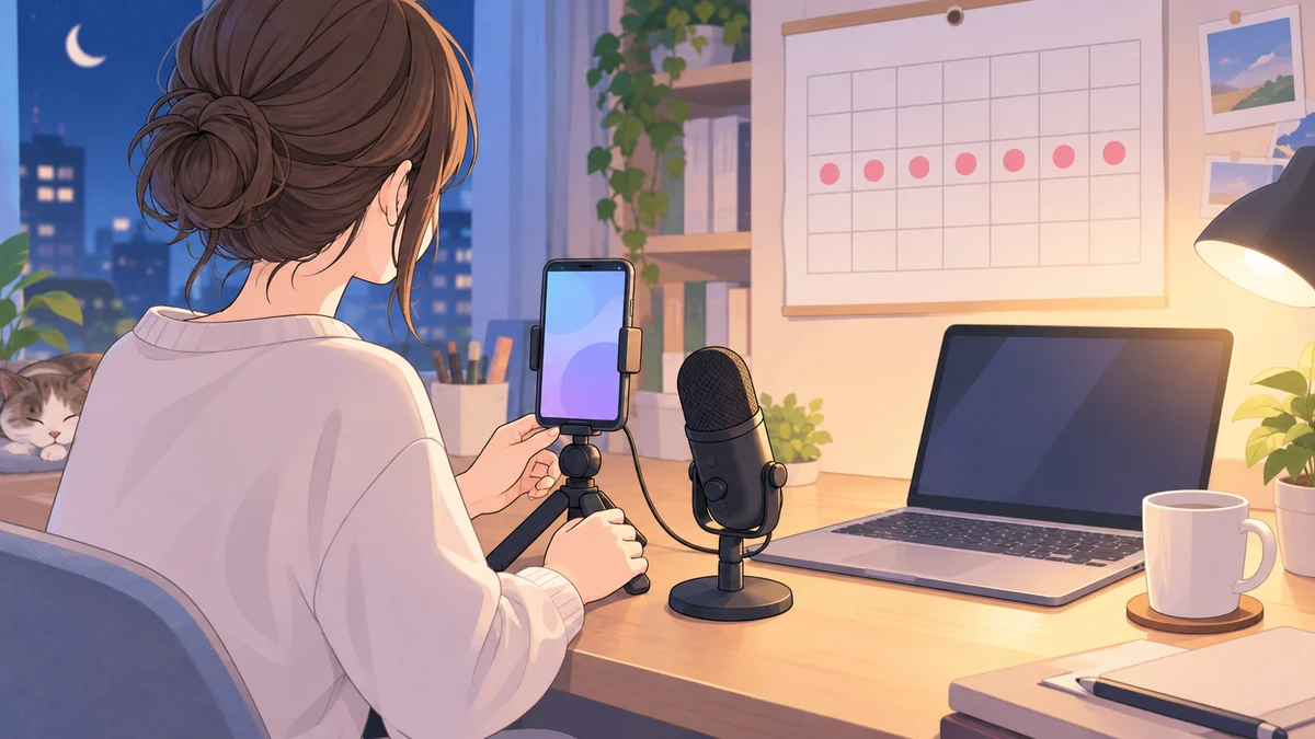 顔を見せない人が、決まった曜日に印を付けた予定表のある部屋で、マイクとスマホを用意して夜の配信を始めようとしているイラスト