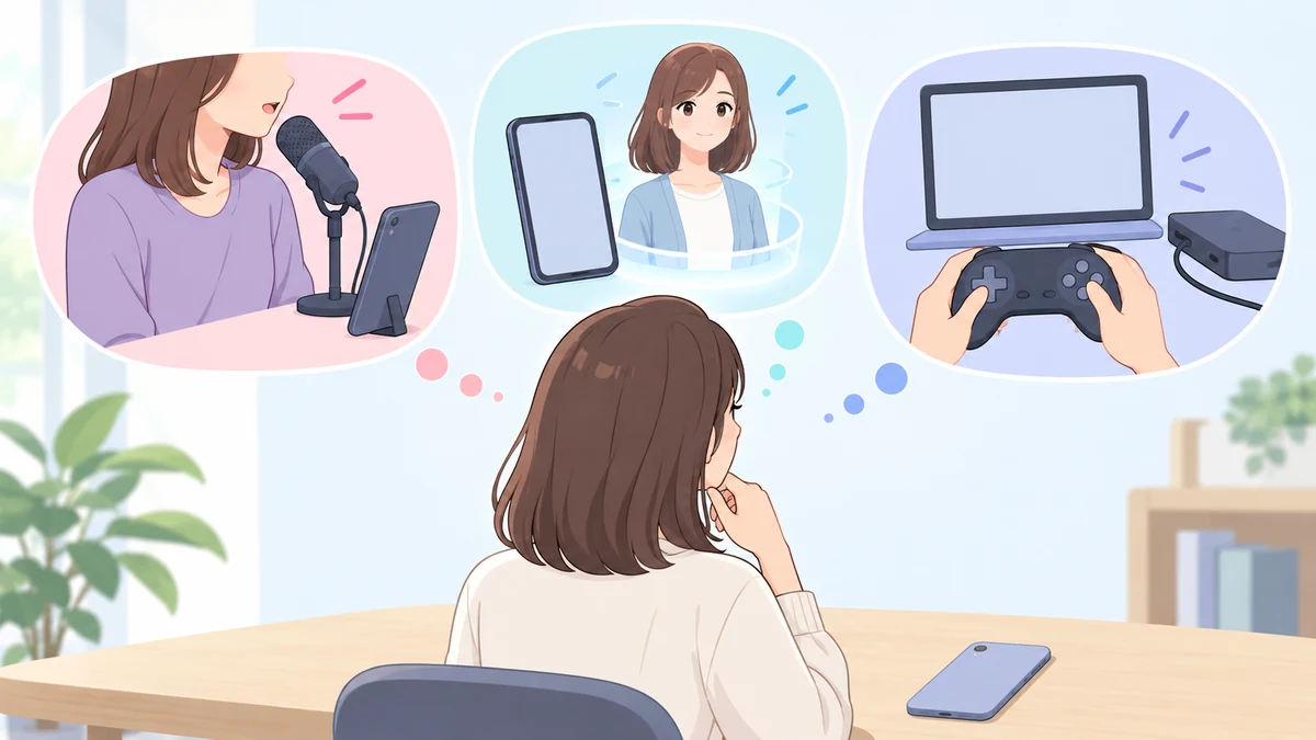 顔を見せない人が、マイクで声だけ話す配信、スマートフォンのそばにアバターを浮かべた配信、ゲームを遊ぶ様子を見せる配信の3つを前に、どれにするか考えているイラスト