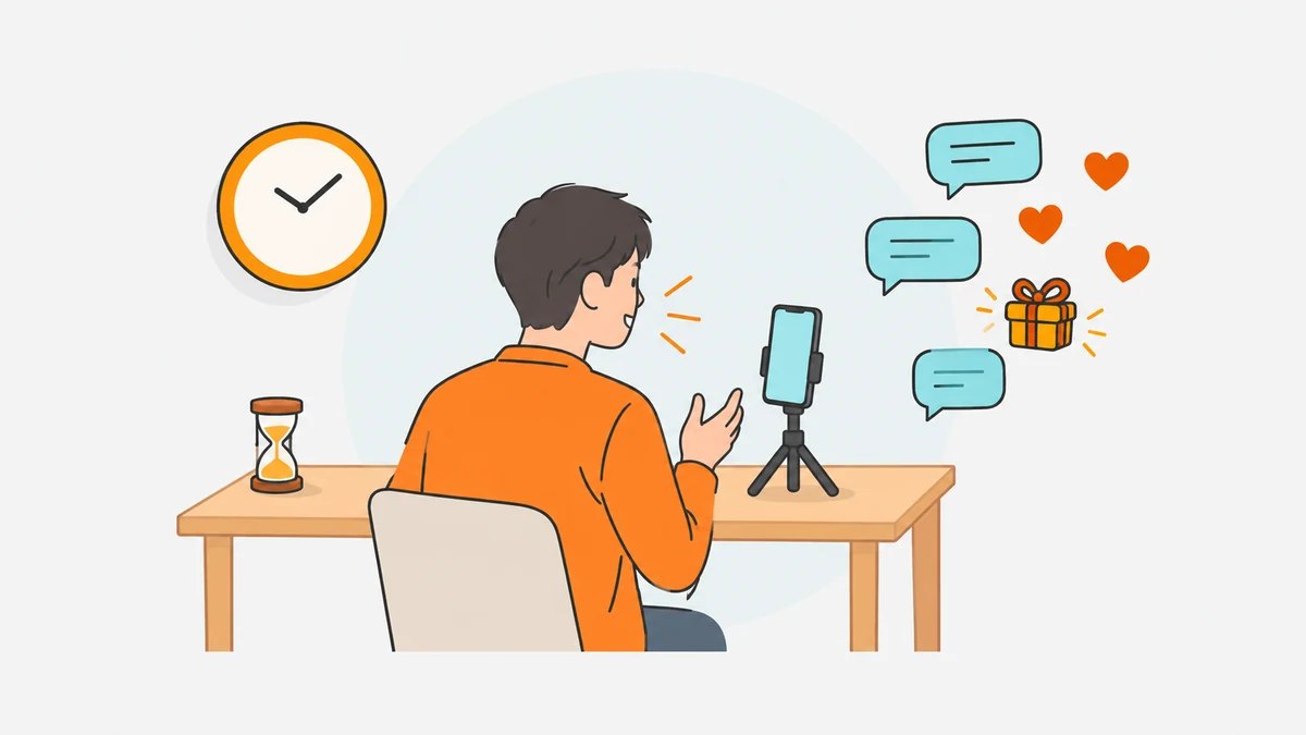 スマートフォンに向かって話す大人の後ろ姿を中央に、左側に壁の時計と砂時計、右側に吹き出し・ハート・リボンの箱を描いたイラスト。配信時間に応じる報酬と、盛り上がりや視聴者の行動に応じる報酬の2つの型を表している。