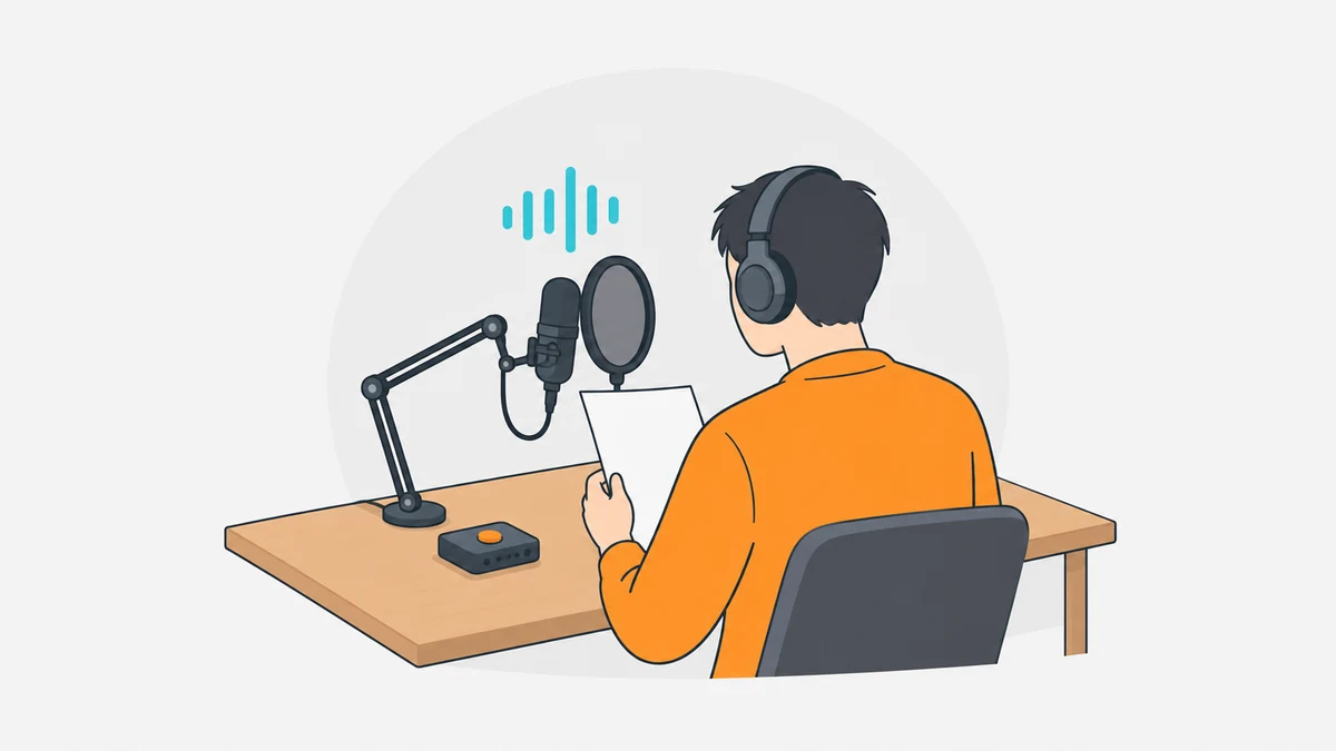 ヘッドホンを付けた大人が、紙を片手に持ち、フィルターの付いたマイクに向かって声を録音している後ろ姿のイラスト。