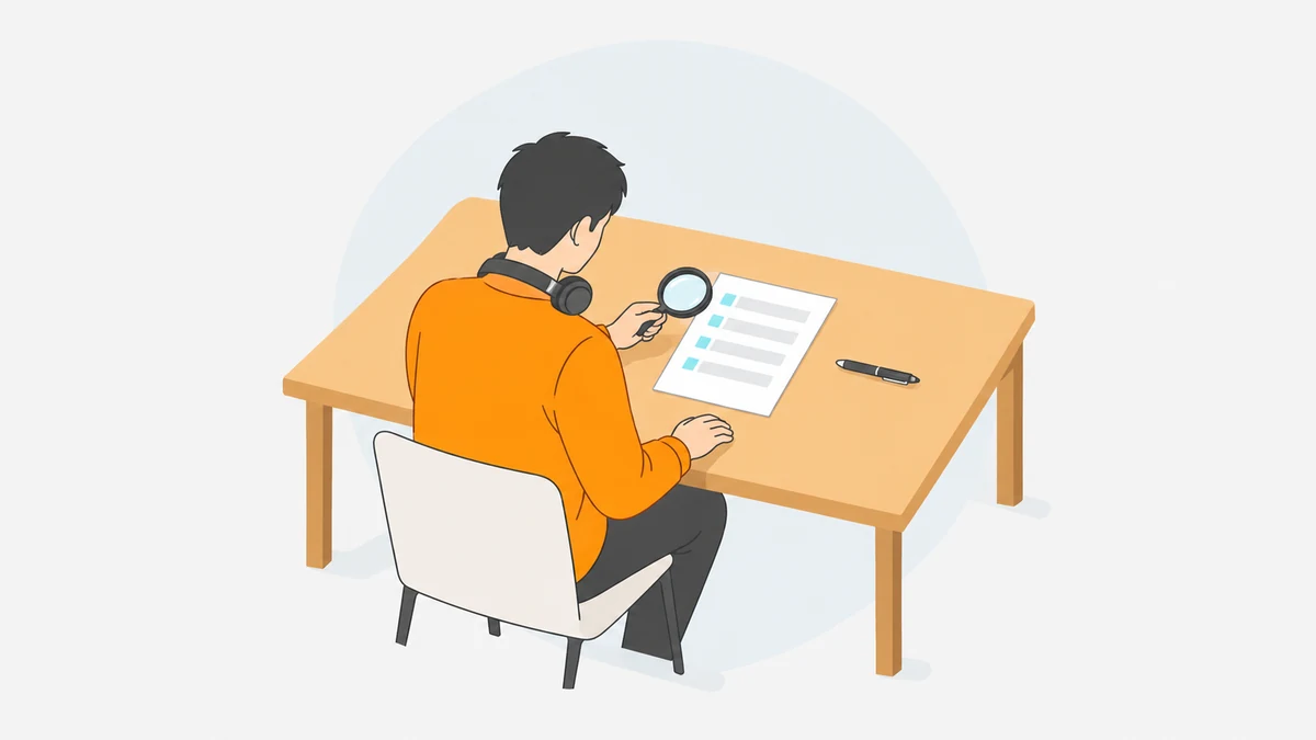 机に向かって座る大人の後ろ姿のイラスト。机の上の書類に虫めがねをかざして内容を確かめていて、ペンは書類の横に置かれたままになっている。