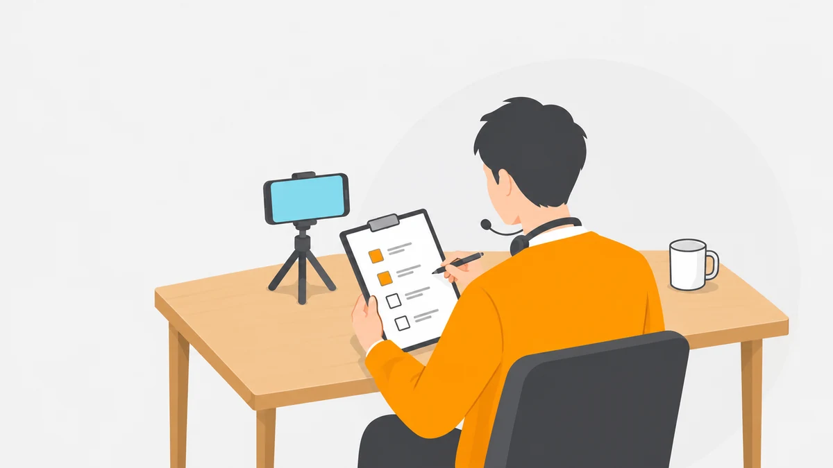 机に向かう大人の後ろ姿。スタンドに立てたスマートフォンの横で、項目が並んだクリップボードとペンを持って確かめているイラスト。