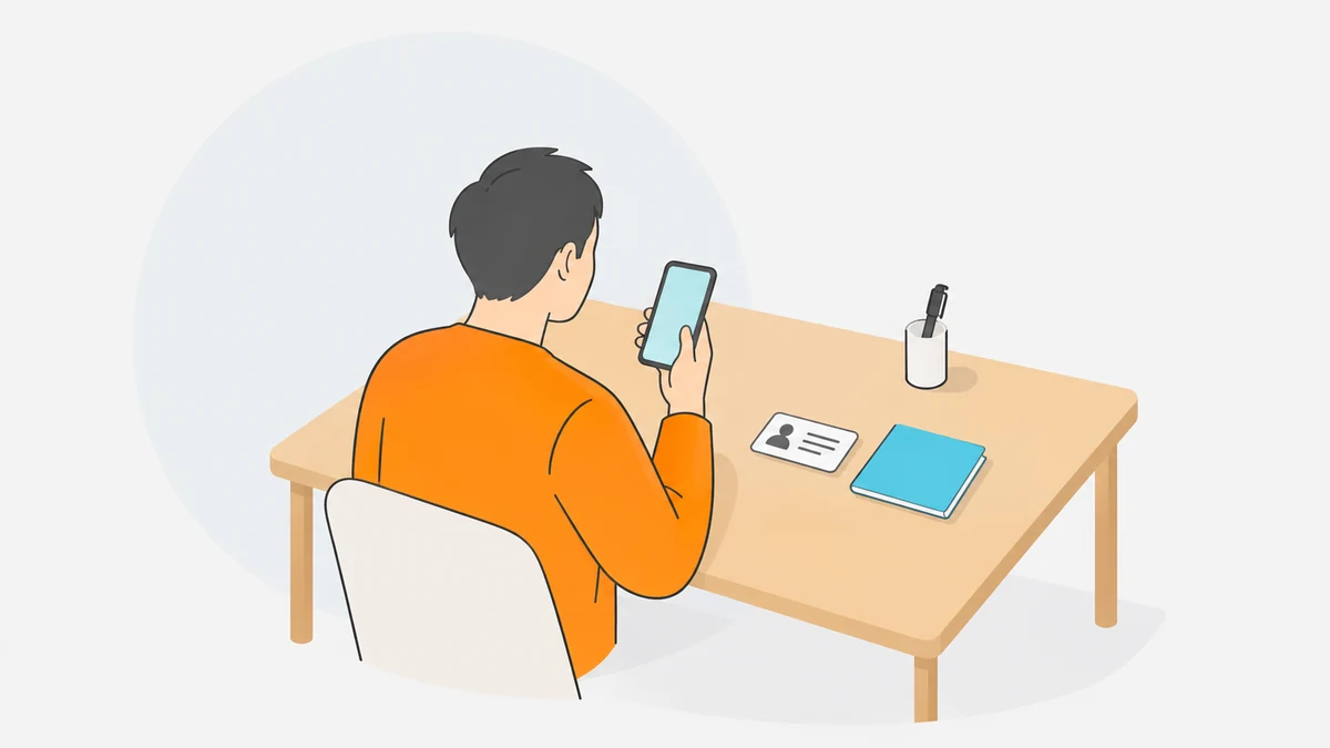 机に向かう大人の後ろ姿。スマートフォンを手に持ち、机の上に無地のカードと通帳の冊子を並べているイラスト。