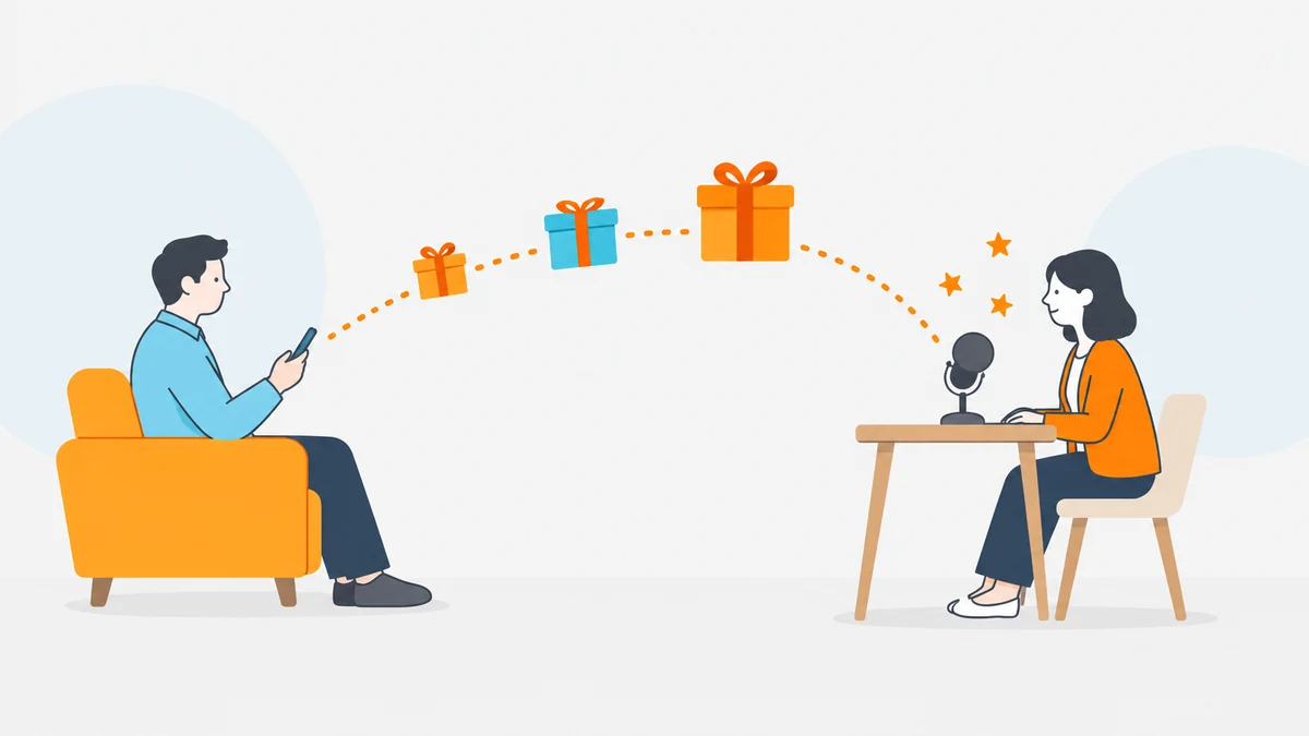 ソファに座ってスマートフォンを持つ大人の人物から、机でマイクに向かう大人の人物へ、リボンの付いた贈り物の箱が点線に沿って届く様子を描いたイラスト。
