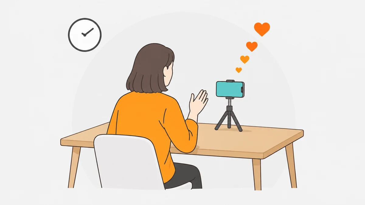 三脚に立てたスマートフォンに向かって話す大人の後ろ姿と、壁の掛け時計、スマートフォンの上に浮かぶハートの形を描いたイラスト。