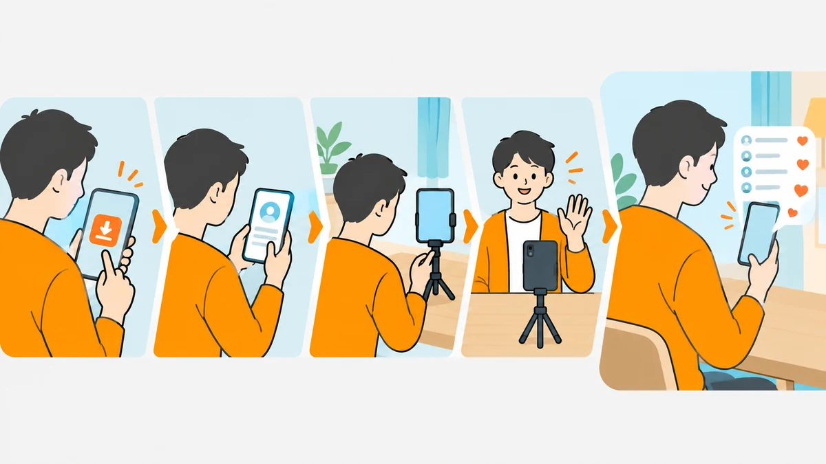オレンジの服の男性が、アプリを入れてプロフィールを作り、スマホを三脚に立てて手を振り、届いたコメントを見るまでを5コマで描いたイラスト。