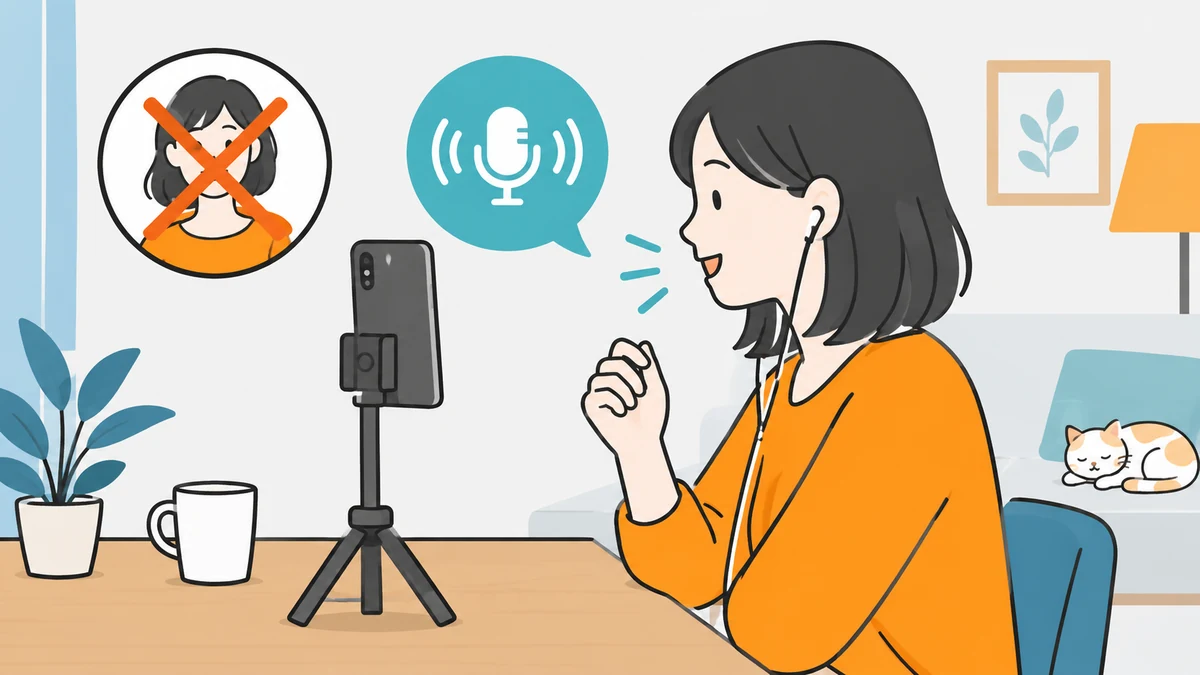 イヤホンを着けた女性が三脚に立てたスマホに向かって話し、顔に×を付けた丸い絵とマイクの吹き出しが添えられたイラスト。