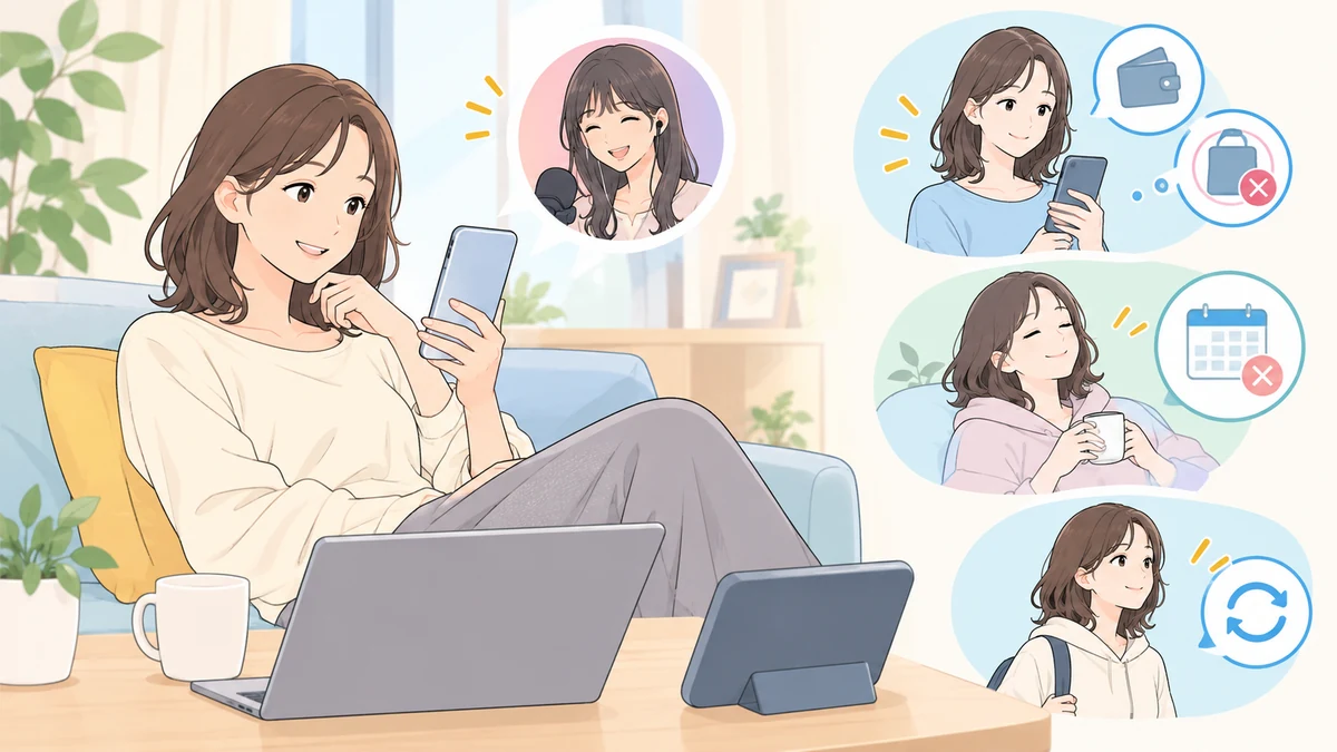 ソファでスマートフォンを手にくつろぐ大人と、配信者を楽しむ場面、予定を決める場面、配信から離れて休む場面を吹き出しで描いたイラスト。