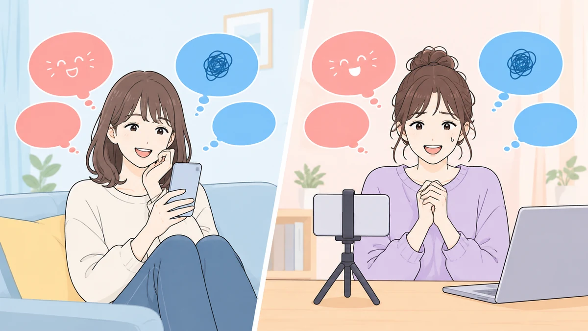 配信を見る大人と、スタンドのスマートフォンに向かって配信する大人を並べ、それぞれの良い気持ちと困った気持ちを吹き出しで表したイラスト。