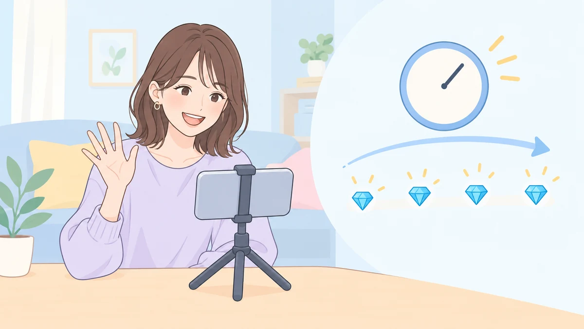 スタンドに立てたスマートフォンで配信する大人と、時計のそばに同じ大きさの小さなダイヤが数粒付く様子を描いたイラスト。