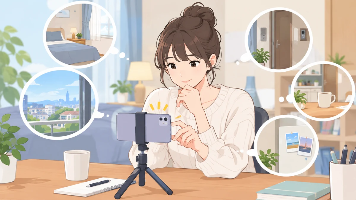 三脚のスマートフォンの前で考える女性の周りに、寝室・窓からの街並み・玄関・机の上・壁の写真の吹き出しが並ぶイラスト。