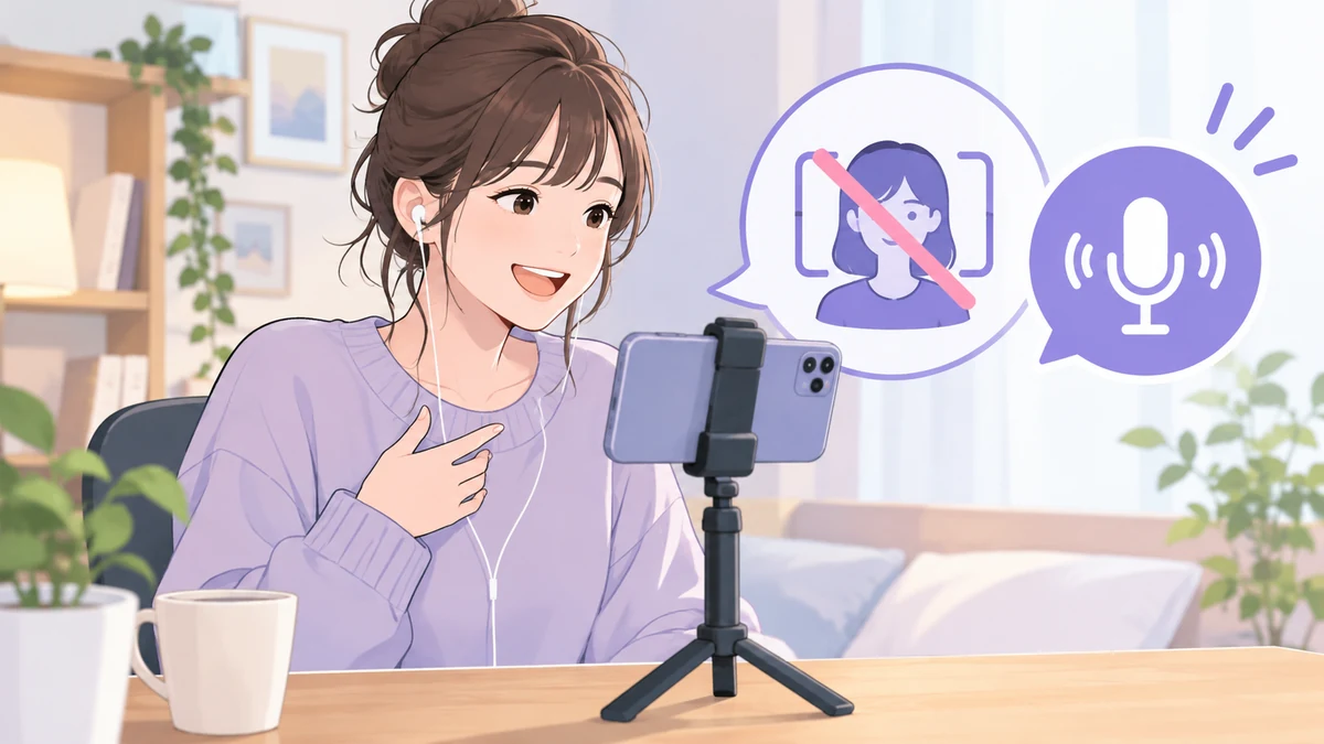 イヤホンをつけた女性が三脚のスマートフォンに向かって話し、横に顔に斜線の人物とマイクの吹き出しが浮かぶイラスト。