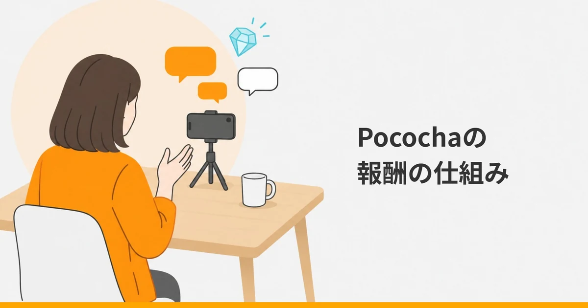 机の上のスタンドに立てたスマートフォンに向かって話す大人の後ろ姿と、無地のふきだし、小さな宝石の形を描いたイラストに、「Pocochaの報酬の仕組み」の文字を重ねた画像。