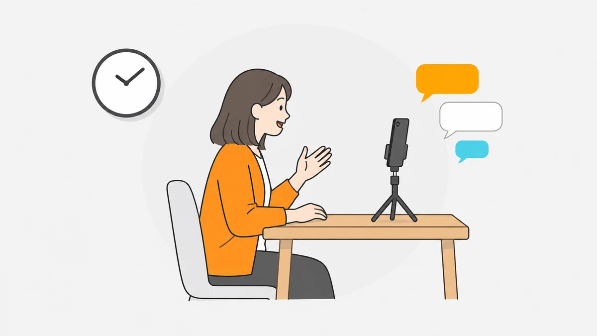壁に掛け時計のある部屋で、机の上のスタンドに立てたスマートフォンに向かって話す大人の横向きの姿と、スマートフォンの上に浮かぶ無地のふきだしを描いたイラスト。