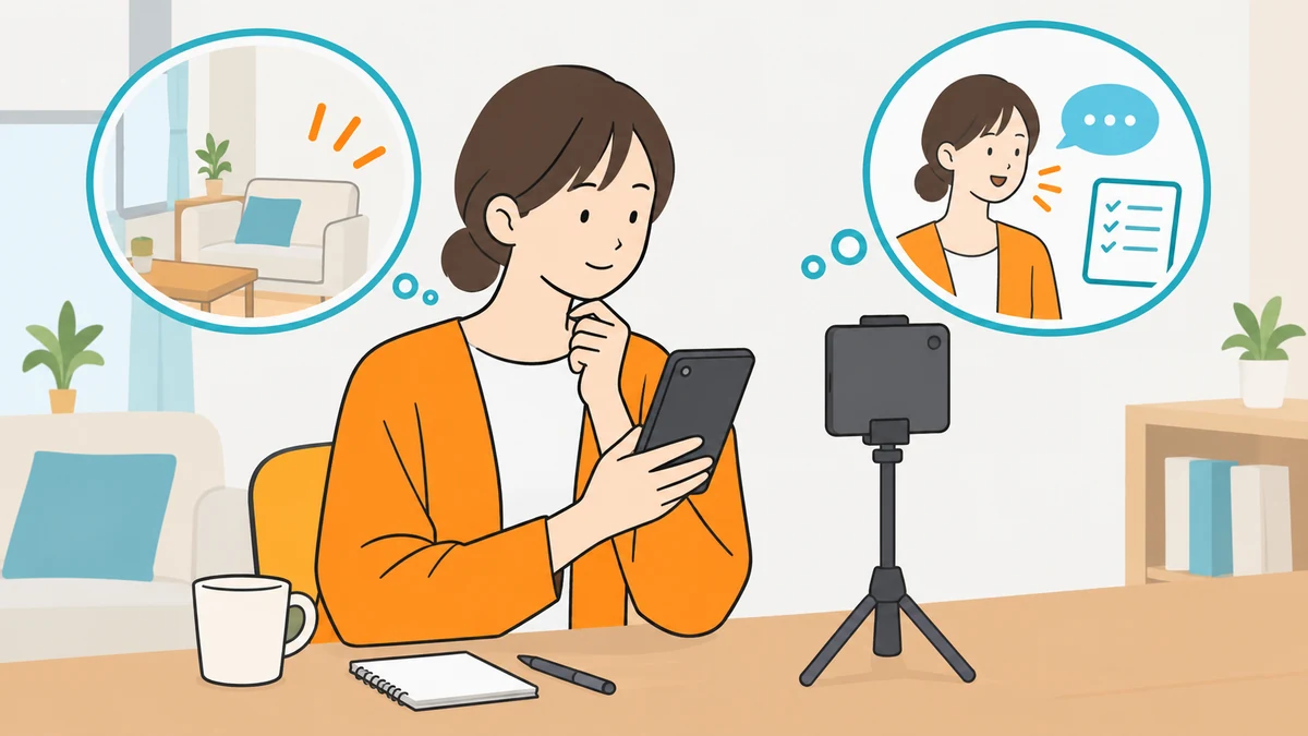 スマホを手にあごへ手を当て、配信に映る部屋の様子と話す内容を吹き出しで思い浮かべて確かめる女性のイラスト。
