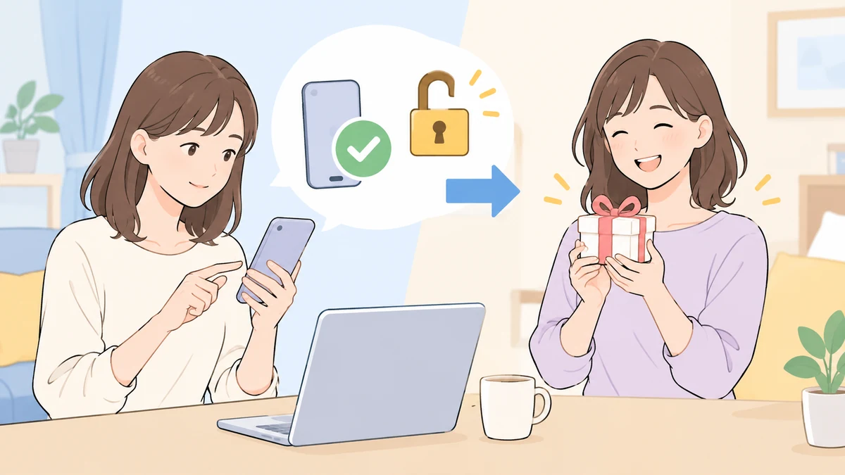 スマートフォンで確認を済ませる大人と、チェックの印・開いた鍵の吹き出し、矢印の先でリボンの付いた小箱を受け取って喜ぶ同じ大人を描いたイラスト。