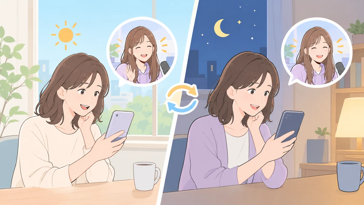 昼と夜に、スマートフォンで同じ配信者の配信を見に行く大人と、その配信者を丸い枠で描いたイラスト。