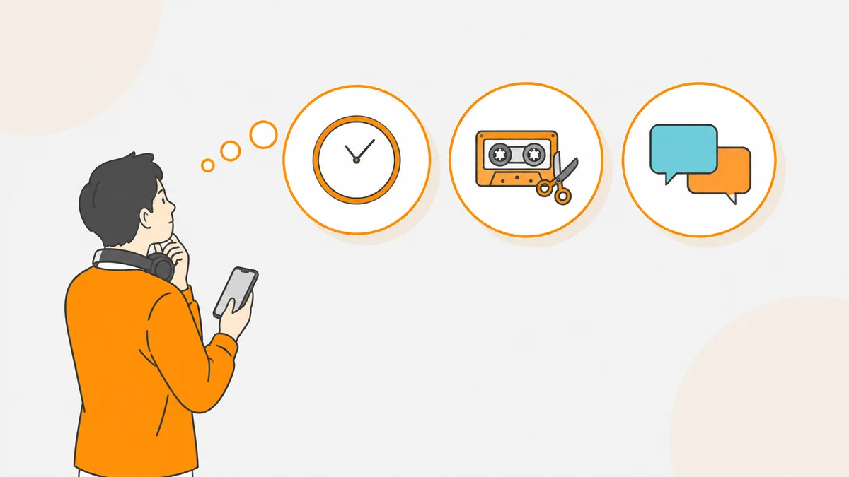 スマートフォンを手に考えている大人の後ろ姿と、その先に並ぶ3つの円を描いたイラスト。円の中には時計、カセットテープとはさみ、2つの吹き出しがあり、やりたい配信の形から選ぶ様子を表している。