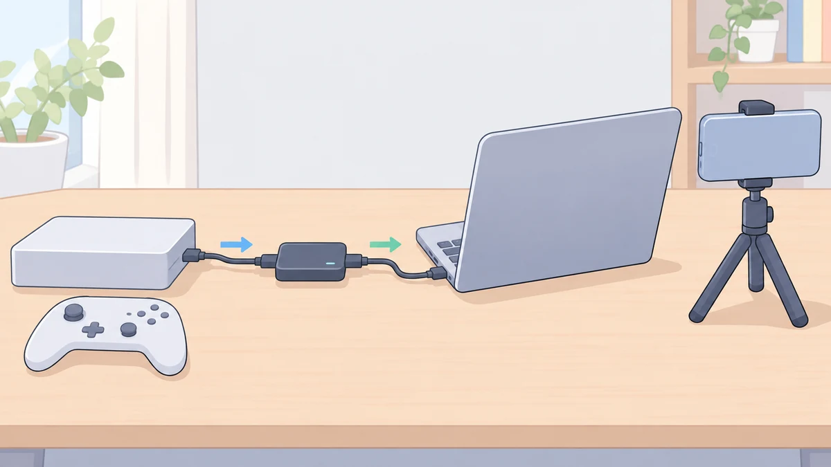 机の上で、ゲーム機から映像を取り込む小さな機器を通ってノートパソコンにケーブルがつながり、そばに三脚に立てたスマートフォンとコントローラーが置かれている様子を描いたイラスト。