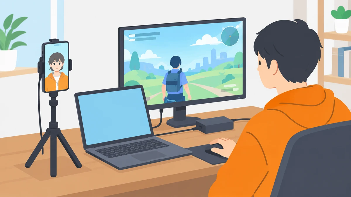 オレンジの服の大人がモニターでゲームを操作し、隣のノートパソコンと三脚に立てたアバター表示のスマートフォンを並べたイラスト。