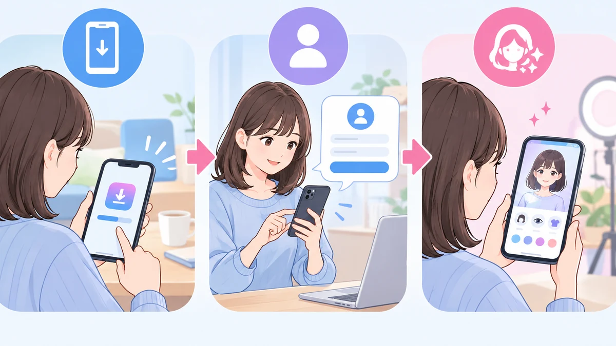 大人の女性がスマートフォンでアプリを入れ、アカウントを作り、アバターを整える3つの場面を、矢印でつないだイラスト。