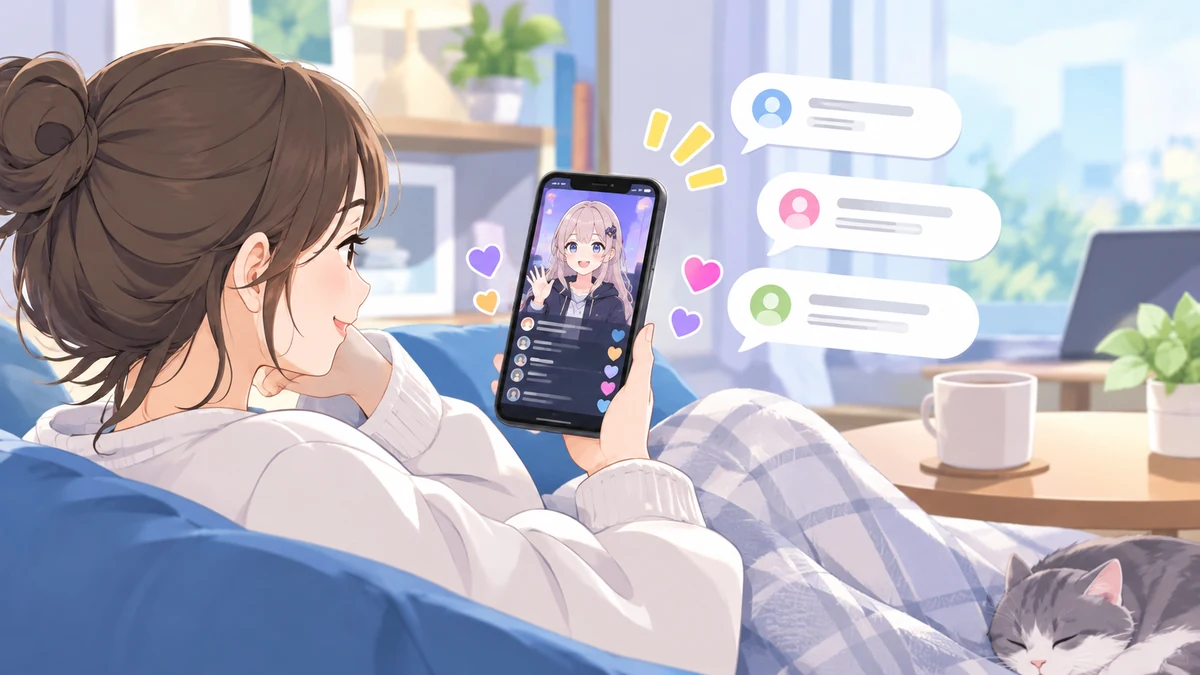 ソファでくつろぎ、スマートフォンで手を振るアバターの配信を見る大人の女性と、まわりに浮かぶコメントの吹き出しとハートのイラスト。