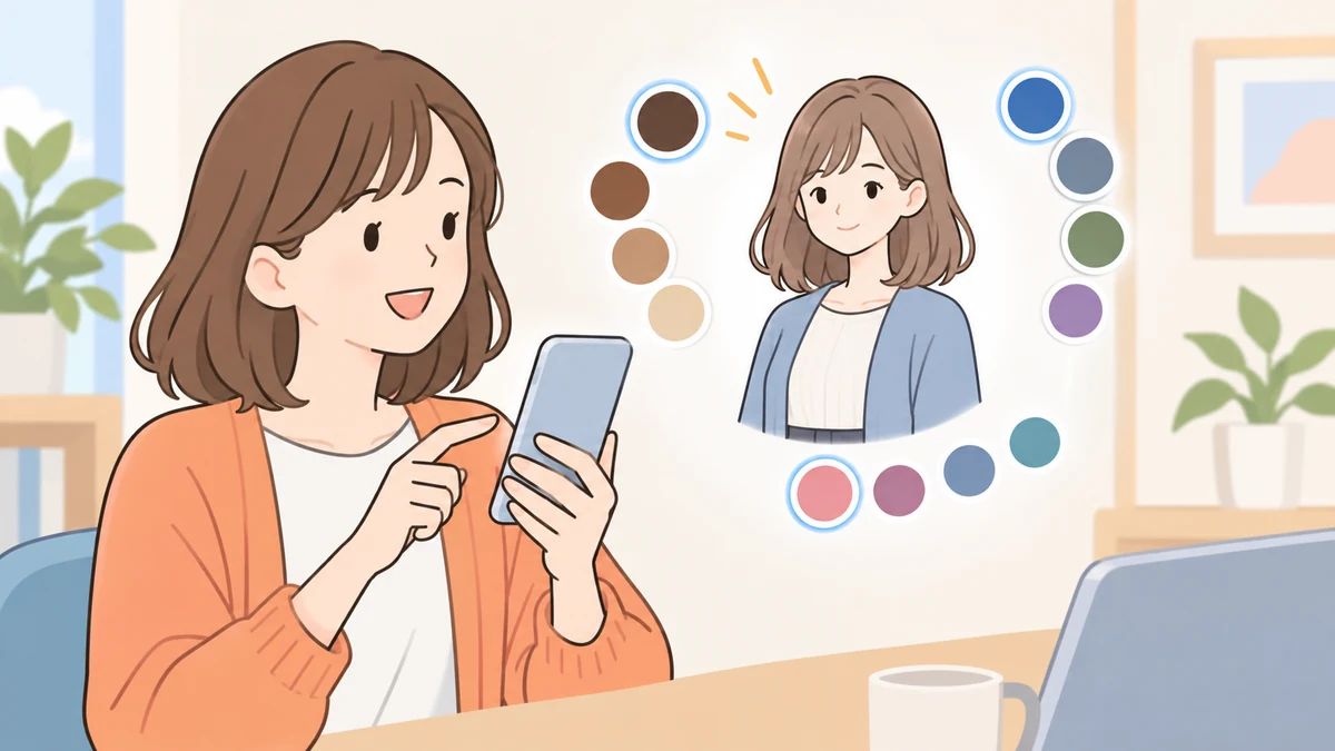 スマートフォンを持った大人の女性が、そばに浮かぶ自分のアバターを見ながら、まわりに浮かぶ丸い色見本から髪や目の色を選んでいる様子を描いたイラスト。