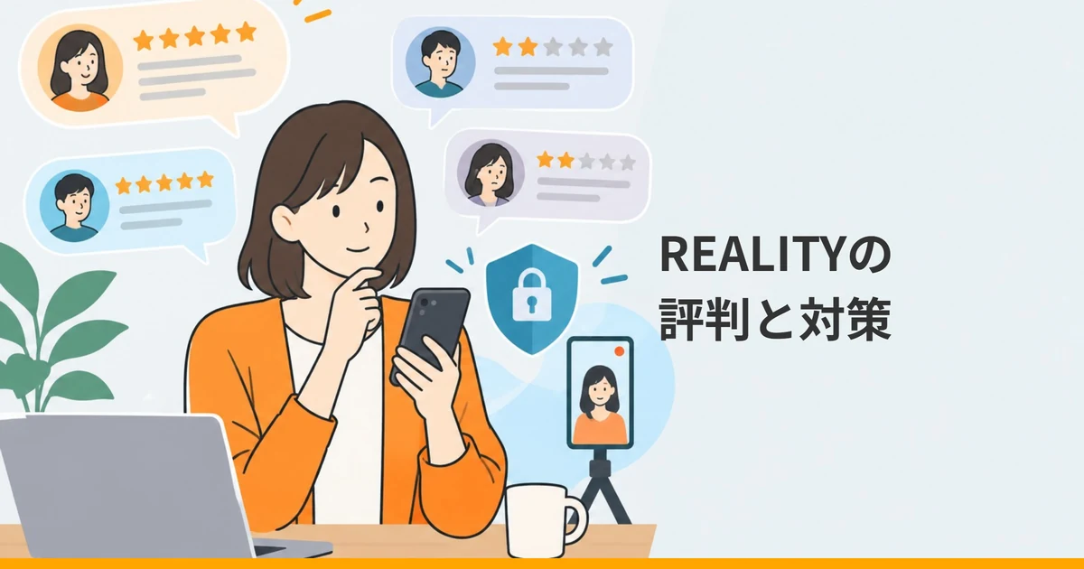 スマートフォンを見て考える女性と、星の評価付きの口コミの吹き出し、鍵の盾、三脚のスマホを描いたイラストに『REALITYの評判と対策』の文字を重ねた画像。