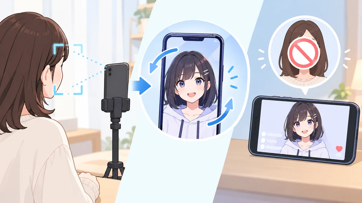 スタンドのスマートフォンが女性の顔の動きを読み取って画面のアバターを動かし、素顔ではなくアバターだけが配信に映る流れを3場面で描いたイラスト。