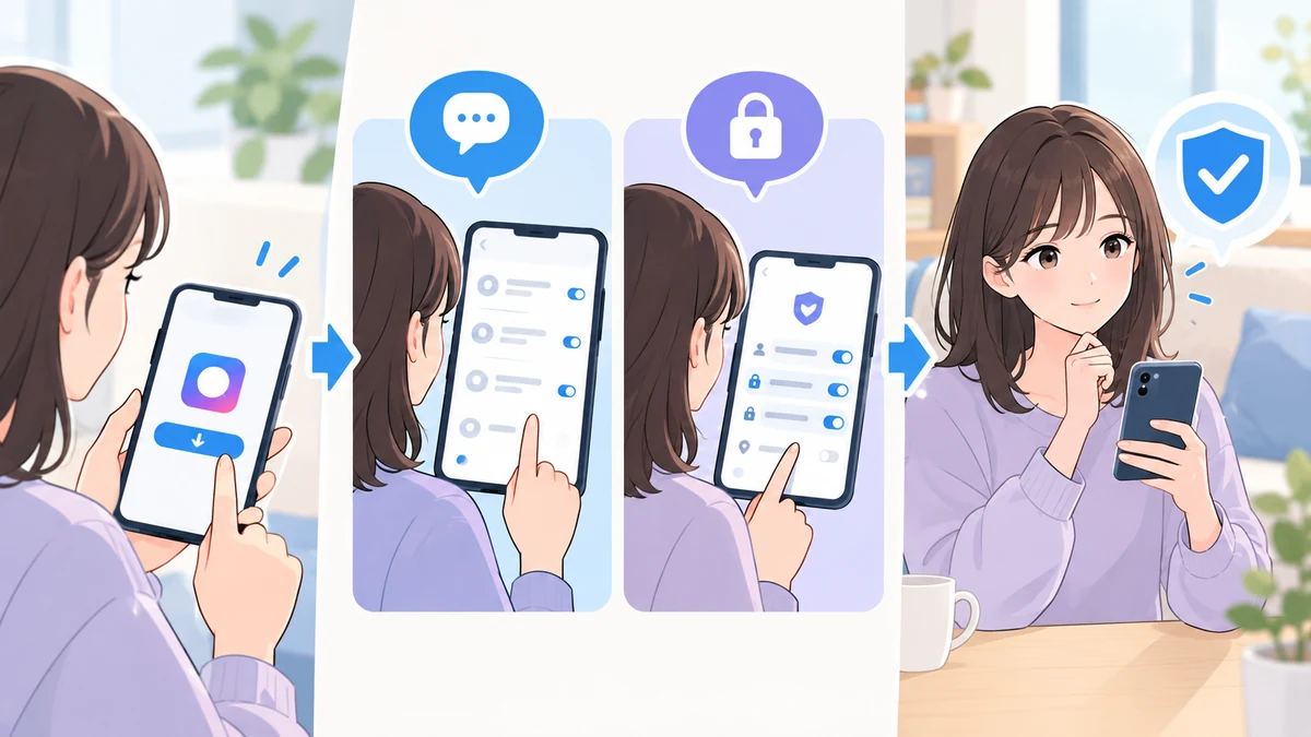 アプリを入れた女性がチャットと鍵の設定を順にオンにし、盾のマークの下で安心してスマートフォンを持つまでを4場面で描いたイラスト。