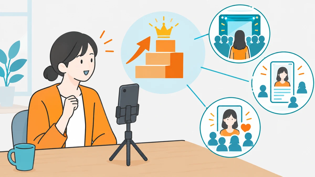 スタンドのスマホに向かって話す女性と、王冠付きの階段の図、そこから線でつながる舞台・紹介画面・応援される配信者の3つの丸い絵を描いたイラスト。