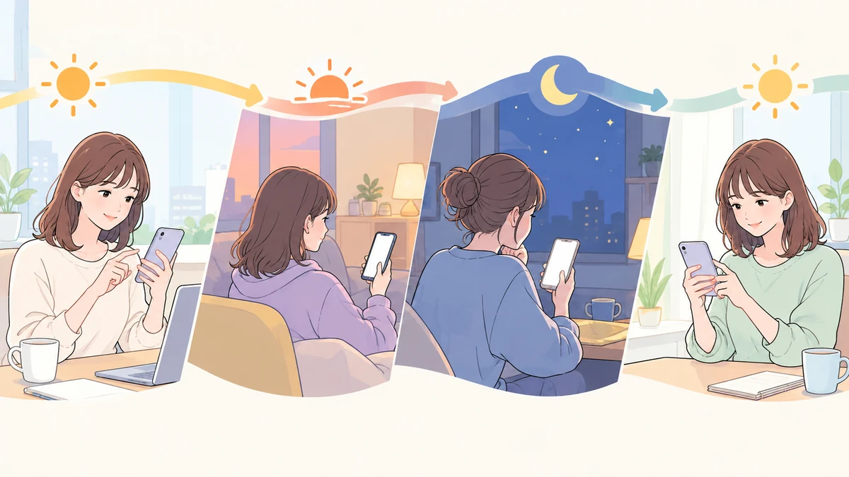 太陽と月が巡る中で、日をまたいでスマートフォンを開き、少しずつミッションを進める大人を描いたイラスト。