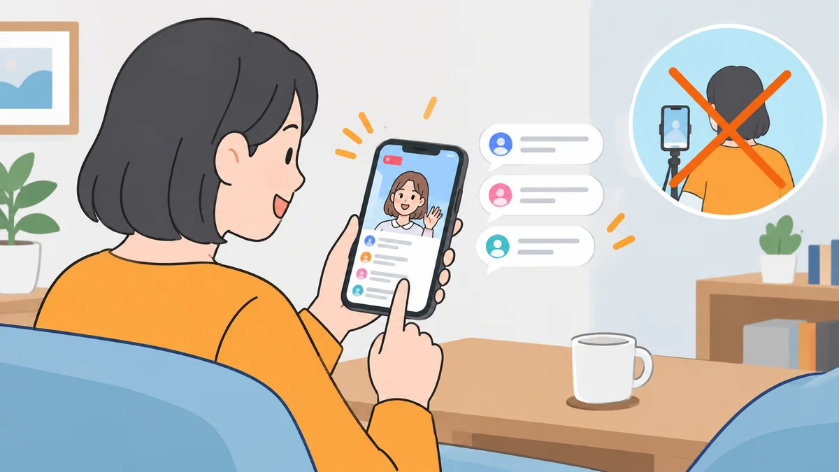 ソファで配信画面を見ながらスマートフォンでコメントを打つ大人と、浮かぶコメントの吹き出し、配信する姿に×を付けた丸い絵を描いたイラスト。