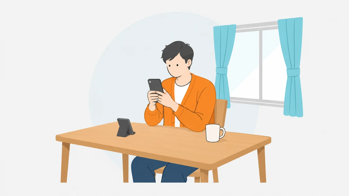 机に向かって座った大人が、両手で持ったスマートフォンを見て確かめているイラスト。机の上には、まだ何も載せていないスマホ用のスタンドがある。